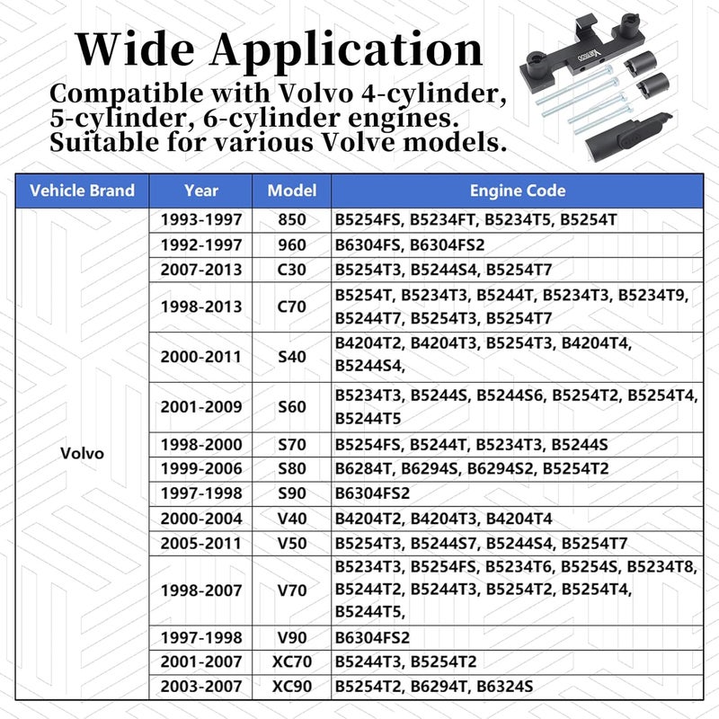 Yuesstloo مجموعة أدوات قفل توقيت عمود الكامات وعمود المرفق، متوافقة مع فولفو S40 S60 XC90 V70 S80 2.0 2.3 2.4 2.5 2.8 2.9T، محرك 4 5 6 أسطوانات، استبدال 9995452 9995451، مع حقيبة وقفازات - Image 5